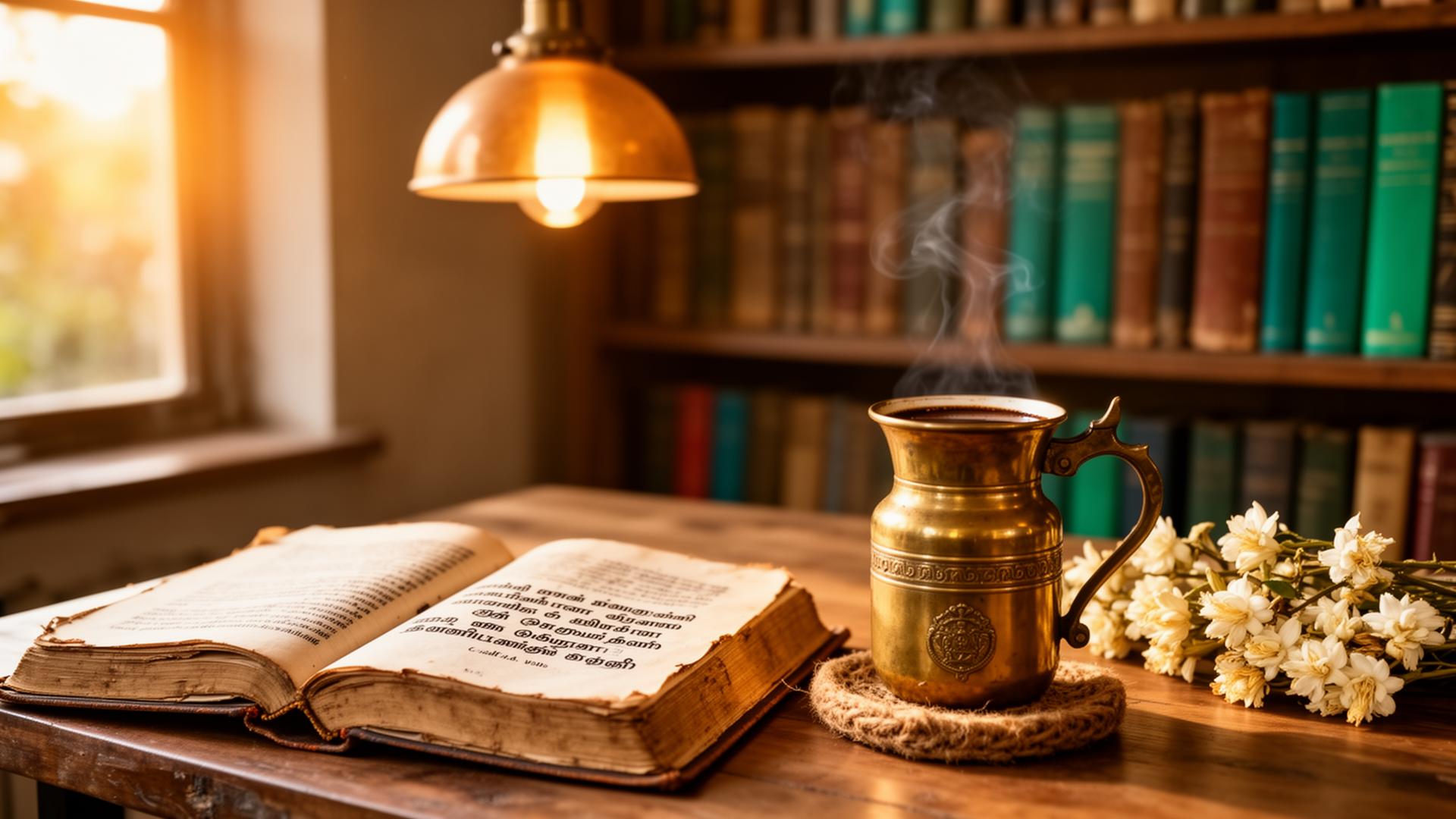 Cozy book cafe with poetry book and brass filter coffee tumbler